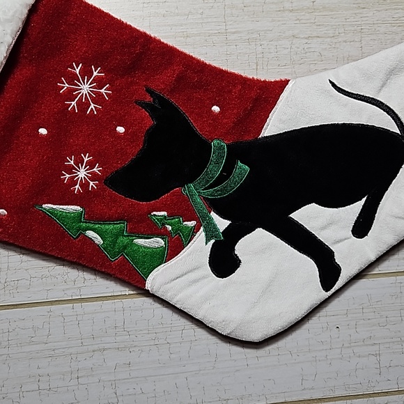 Christmas Stocking Black Puppy w Bow, tree and scarf.  18.5" x 11" approx - Picture 2 of 2